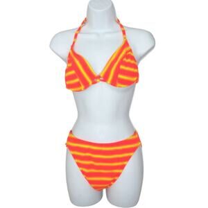 Vintage Surfside Orange Neon Striped High Cut Bikini Swimsuit Sz Medium